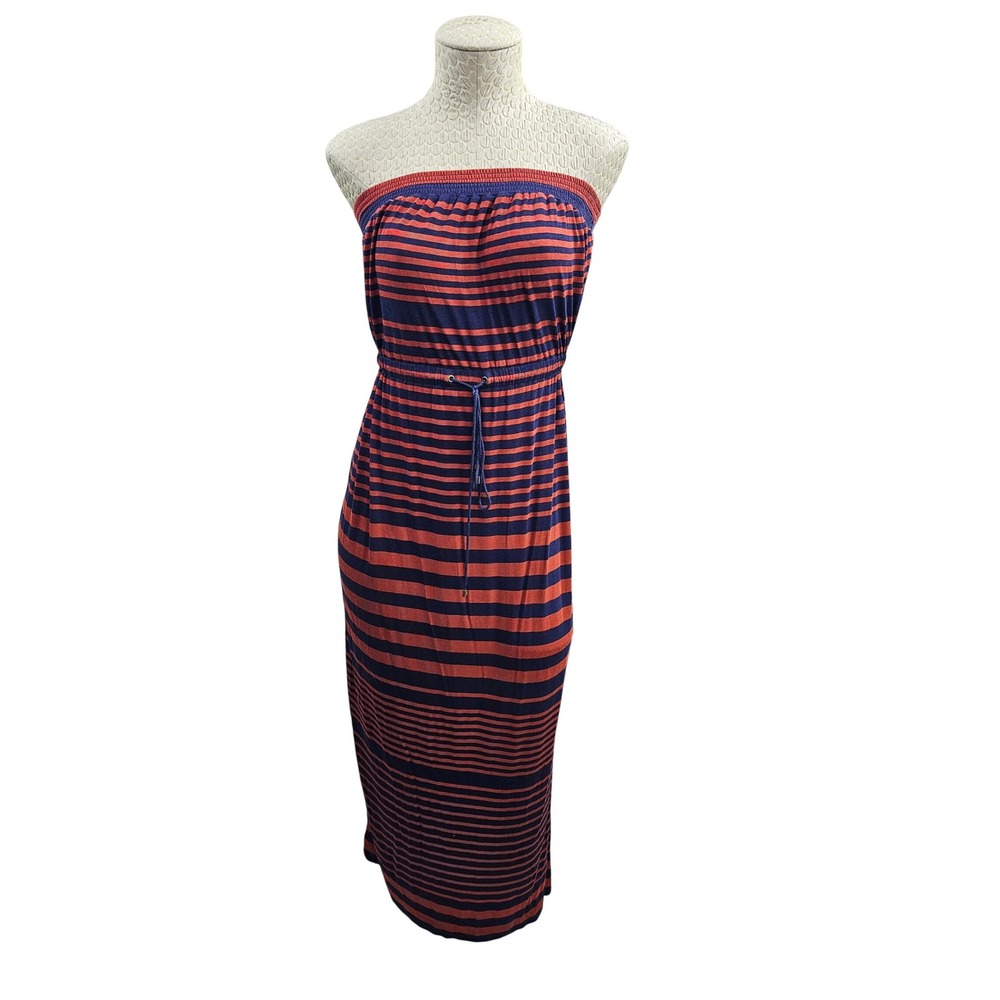 LOFT XSP Petite Striped Strapless Maxi Dress Navy Red Smocked Rayon Stretch NEW